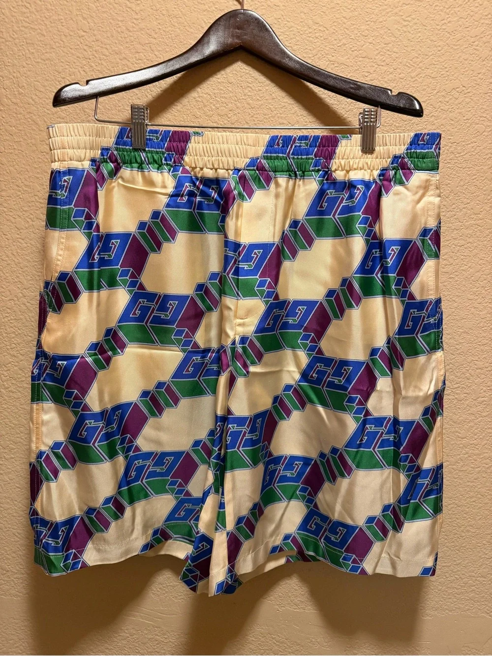New Gucci GG Logo Silk Shorts Cream Blue Size IT 54 / US L 36 - 40 Waist
